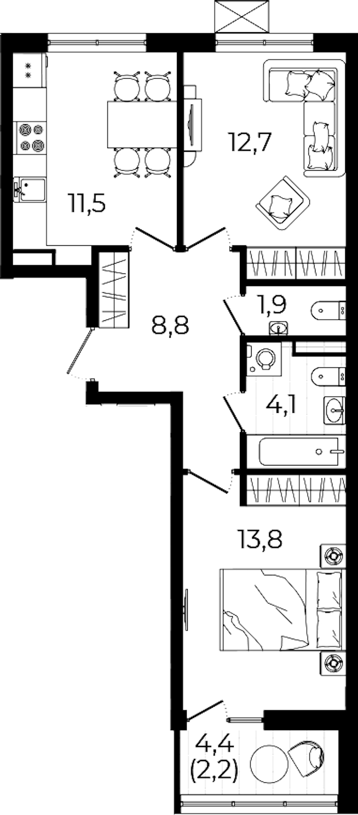 2-комнатная квартира 55 м², 12/12 эт., ЖК «А101 Всеволожск»